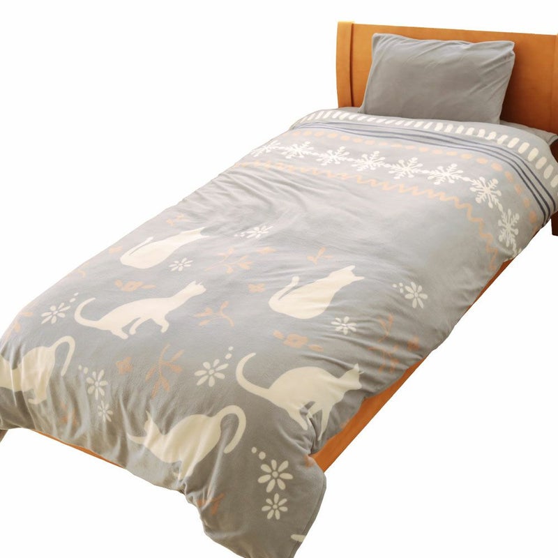 掛け布団カバー さらにあったかフランネル掛けカバー セミダブル 猫柄 グレー