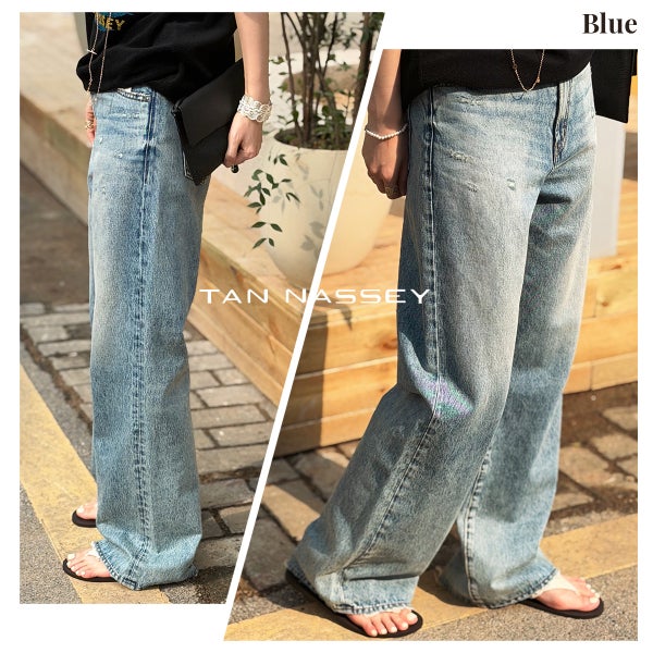 デニムパンツ レディース ワイドパンツ ストレート デニム ジーンズ 綿100％ コットン ヴィンテージ風 ウォッシュ加工 美脚 脚長 ハイウエスト 体型カバー 楽ちん カジュアル きれいめ 25 26 27 28 29 30