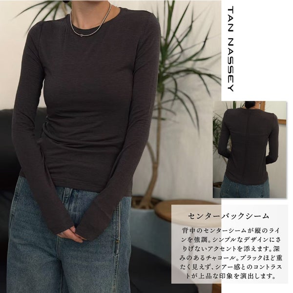 シアー カットソー 長袖 レディース トップス テンセル ウール混 透け感 薄手 インナー ストレッチ 伸縮 重ね着 レイヤード センターシーム フィット きれいめ ハイゲージ 春 秋 冬 S M L XL