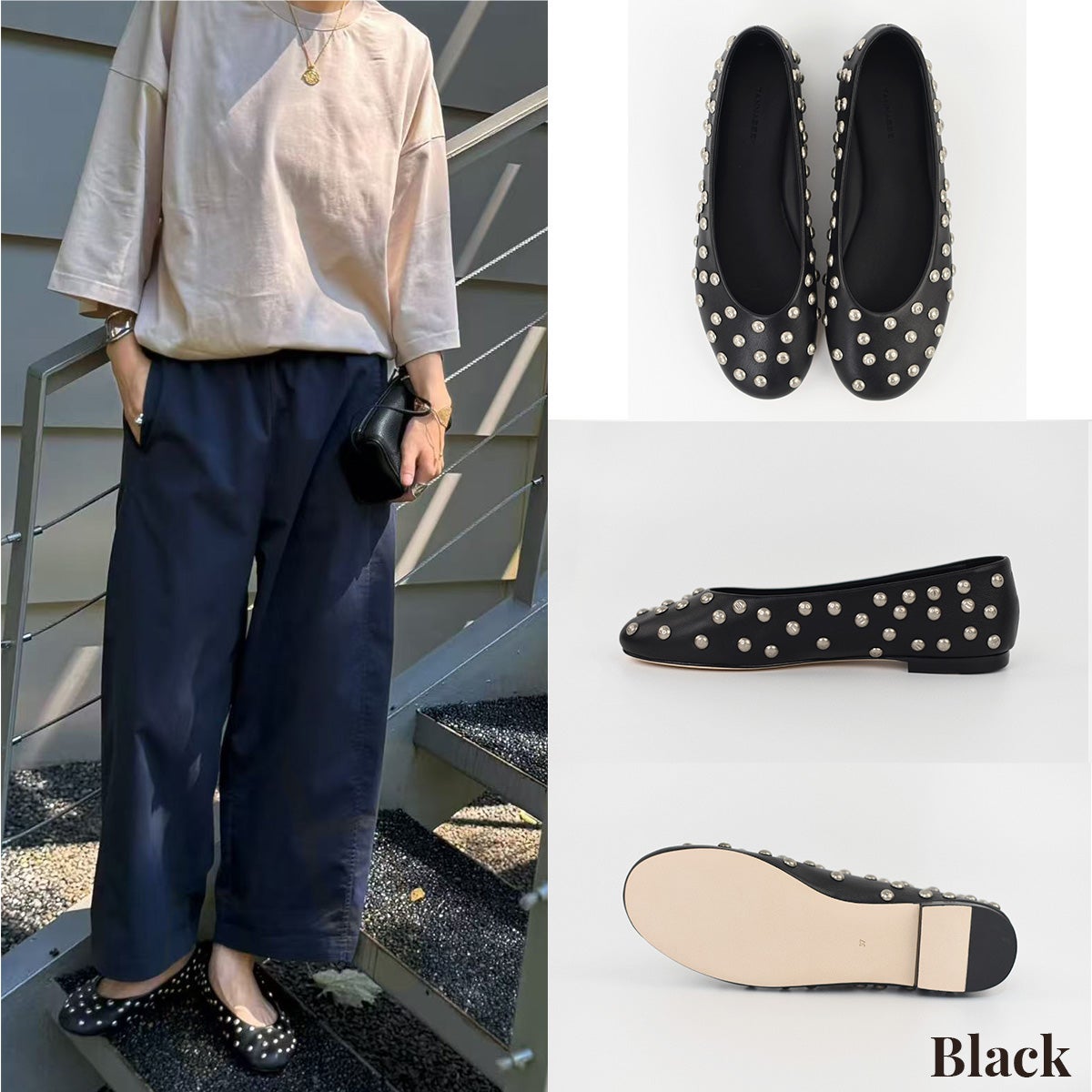 スタッズ パンプス 本革 羊革 牛革 フラットシューズ バレエシューズ スエード TAN NASSEY レディース 痛くない フラットヒール ローヒール ラウンドトゥ 履きやすい 歩きやすい 柔らかい おしゃれ 上品 カジュアル レザー タンナッシー